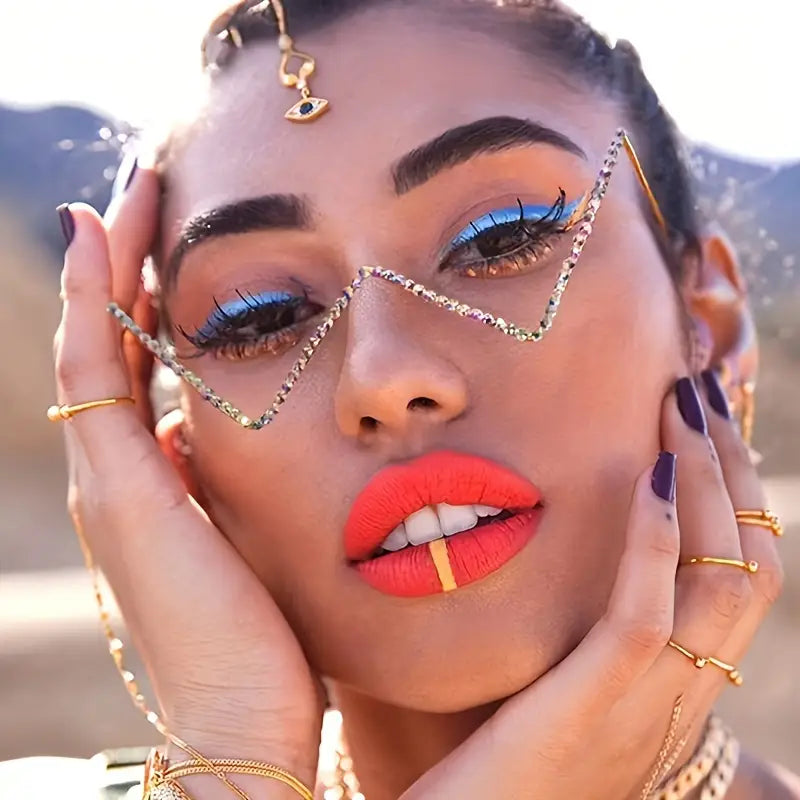 （Set of 3"）"Ladies' V-shaped Semi-rimless Glasses with Diamond Studs