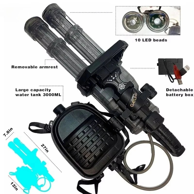 "New Model Ice-Flame Twin-Barrel Gatling Spark Electric High-Pressure Long-Range Water Gun Toy"