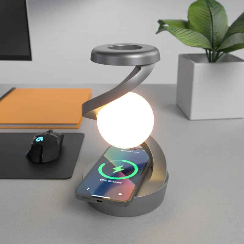 "Bedroom Luxury Floating Rotating Sensor-Activated Night Light with Wireless Phone Charging"